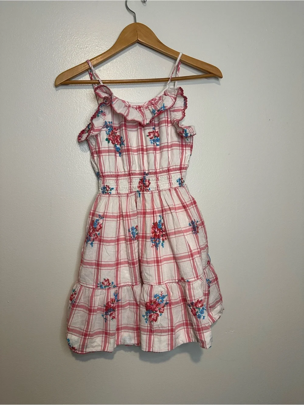 Polo Ralph Lauren Blue Pink Floral Tablecloth Dress Girls Size 12 Pockets Cotton